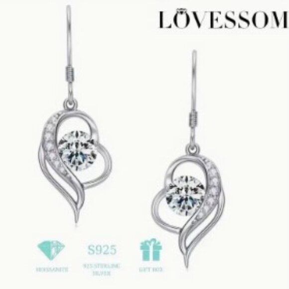 LOVESSOM S925 Sterling Silver Heart-Shaped Moissanite Drop Earrings Nickle free - Picture 3 of 9